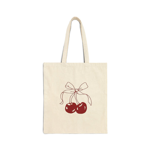 Canvas Tote Bag with Red Bowed Cherry Double Sided Design